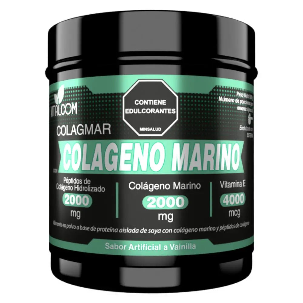 Polvo de colágeno marino de la marca Colagmar, suplemento para la salud en envase con etiqueta verde y polvo blanco.