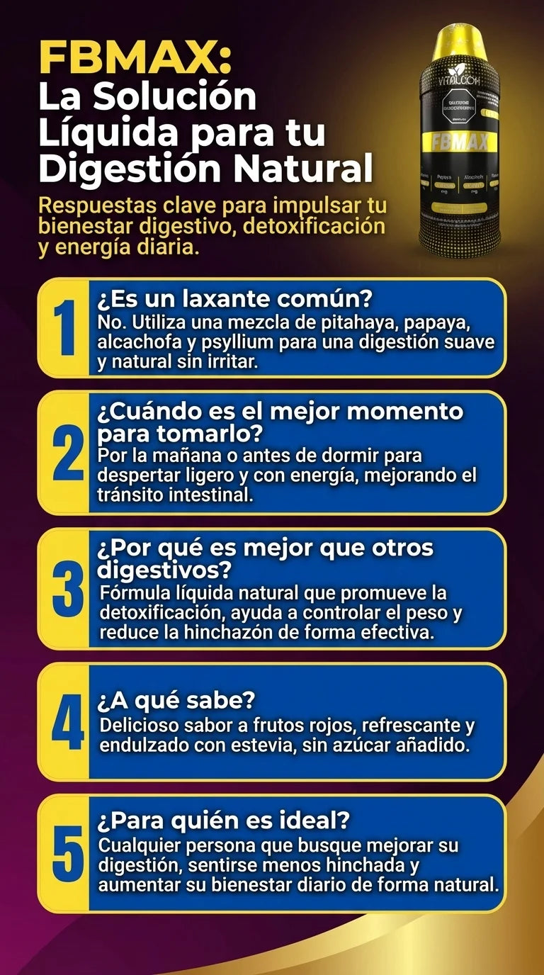 Complemento de salud FBMAX para digestión saludable, en envase con cápsulas, ideal para mejorar la digestión natural.
