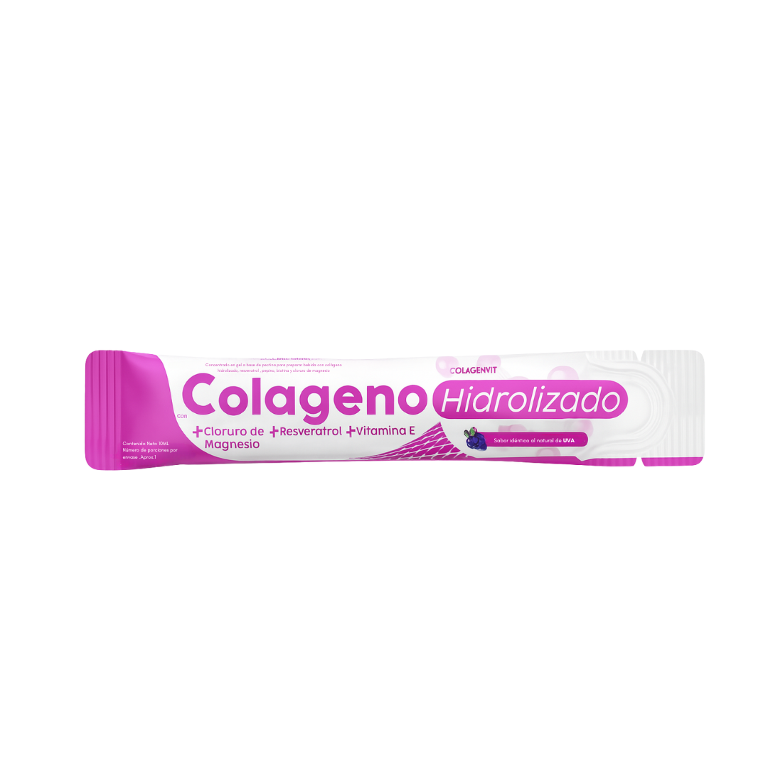 Colágeno hidrolizado en stick para salud, producto de CompraClick Store, muestra el envase con polvo de colágeno.