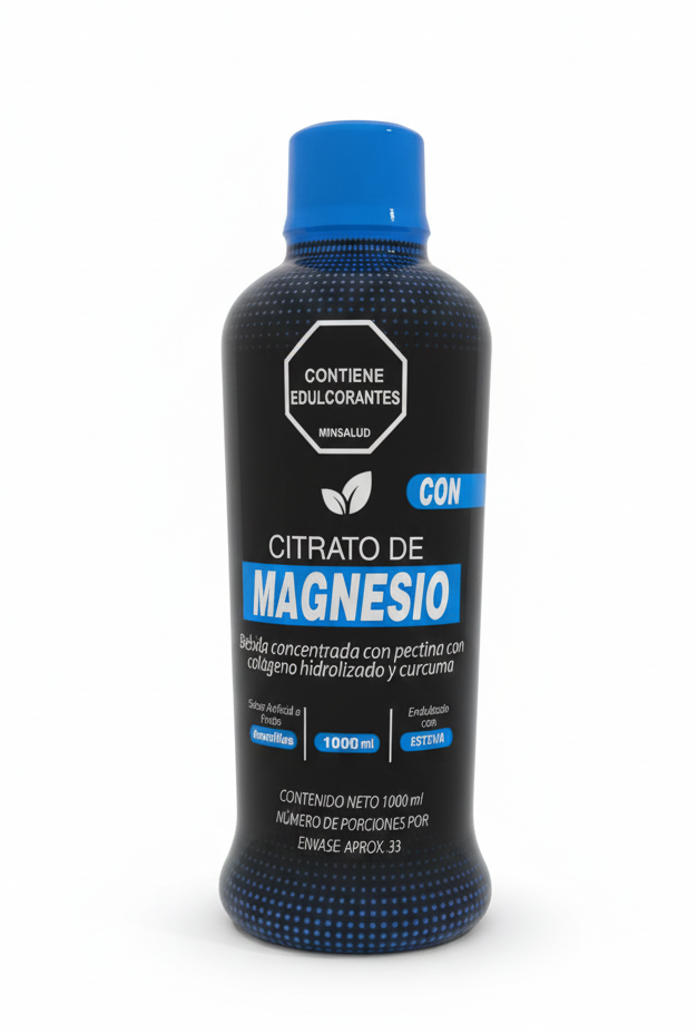 Botella de Citrato de Magnesio Vitalcom en envase de 1000 ml, suplemento de salud en líquido con etiqueta visible.
