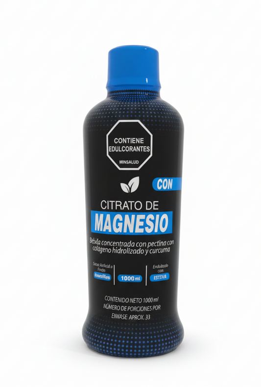 Botella de Citrato de Magnesio Vitalcom en envase de 1000 ml, suplemento de salud en líquido con etiqueta visible.
