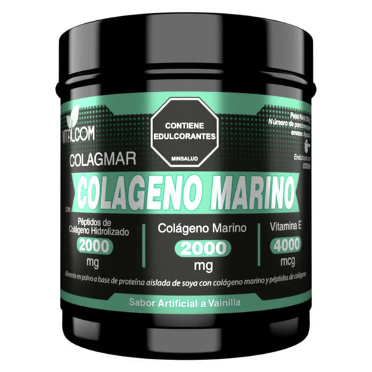 Polvo de colágeno marino de la marca Colagmar, suplemento para la salud en envase con etiqueta verde y polvo blanco.