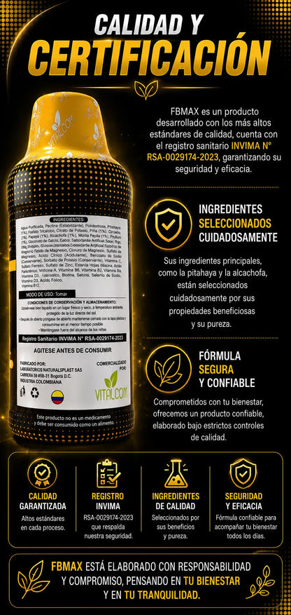 Complemento de salud FBMAX para la digestión saludable, en envase con cápsulas, ideal para mejorar el bienestar digestivo.