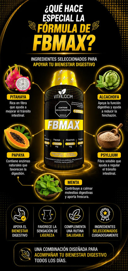 Suplemento de salud FBMAX - Digestión Saludable en frasco con cápsulas, ideal para mejorar la digestión natural y bienestar.