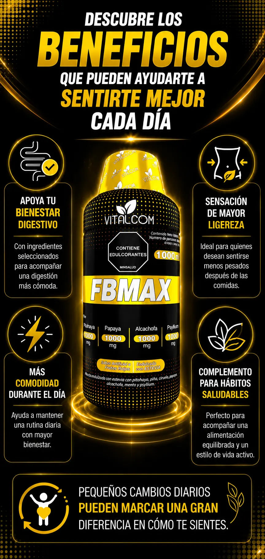 Suplemento FBMAX para digestión saludable, en envase con cápsulas, ideal para mejorar la salud digestiva.