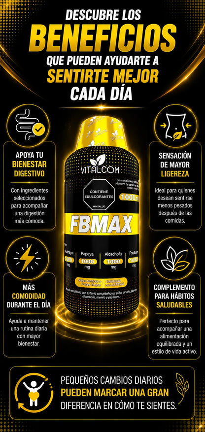 Suplemento FBMAX para digestión saludable, en envase con cápsulas, ideal para mejorar la salud digestiva.