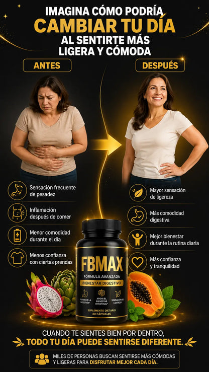Suplemento FBMAX para una digestión saludable, en envase con cápsulas, ideal para el bienestar digestivo.