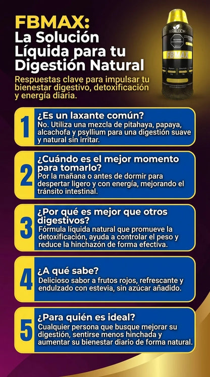Complemento de salud FBMAX para digestión saludable, en envase con cápsulas, ideal para mejorar la digestión natural.